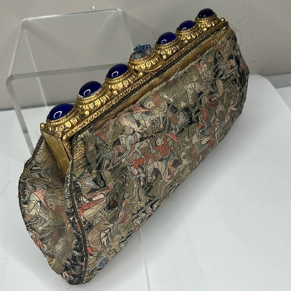 Clara Nagy Silk Brocade Chinoiserie Clutch Handbag Cabochon Studded Gold Frame